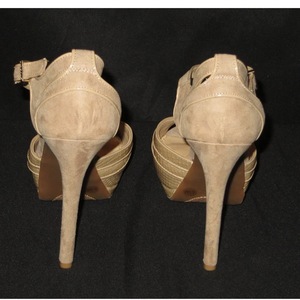 Gianni Bini Tan Suede Snakeskin Embossed Platform Stiletto Sandals Gold 6.5M - Picture 6 of 10